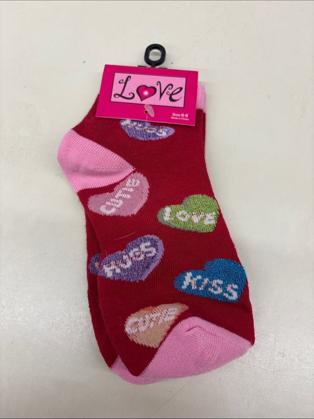 NWT Love Red Crew Socks with Pink Accents and Colorful Heart Messages